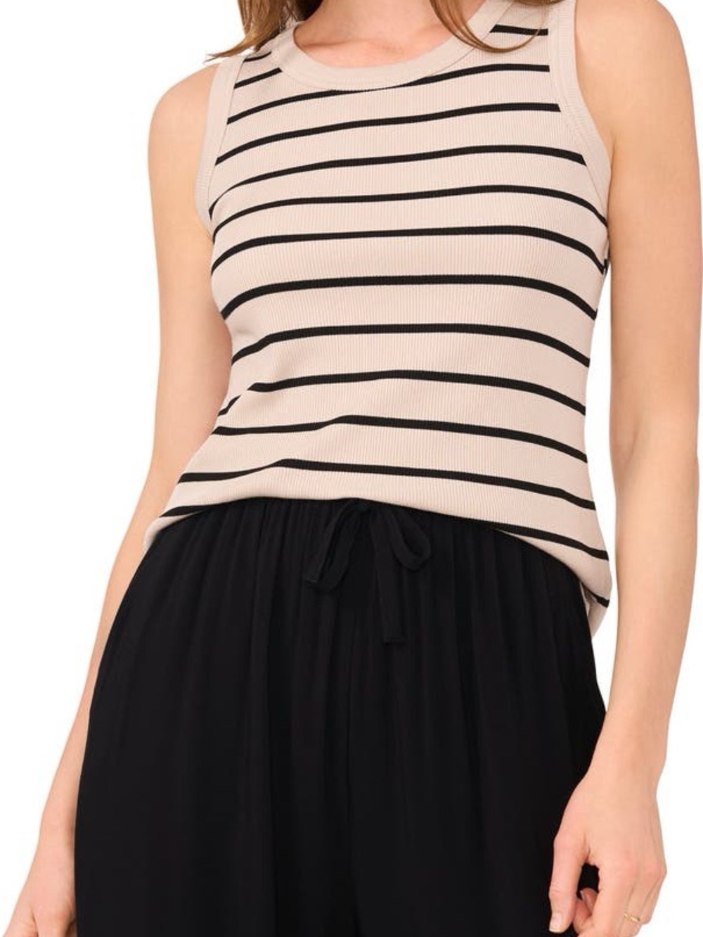 Halogen Fitted Ribbed Sleeveless Knit Tank Top - Beige and Black Striped MD